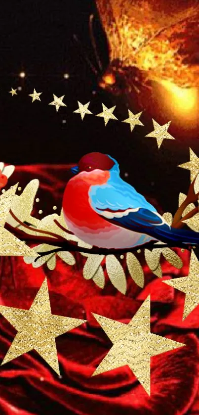 Colorful bird with stars and red floral on wallpaper.