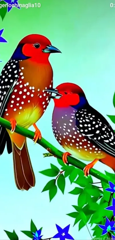 Illustrated birds sitting on a branch with a vivid background.