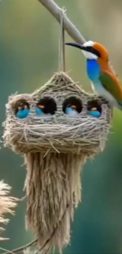 Vibrant bird perched on nest in nature scene.