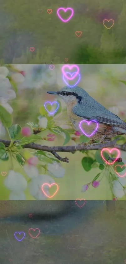 Bird sitting on a blossoming branch with colorful heart overlays in the background.