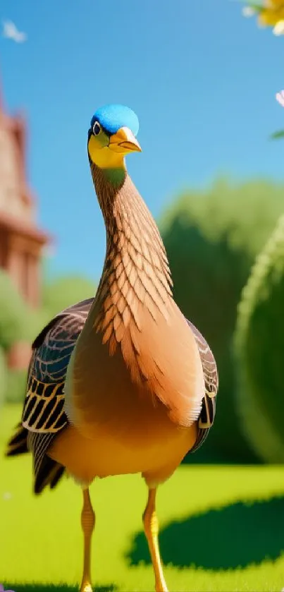 A colorful bird stands in a bright, sunny garden surrounded by flowers.