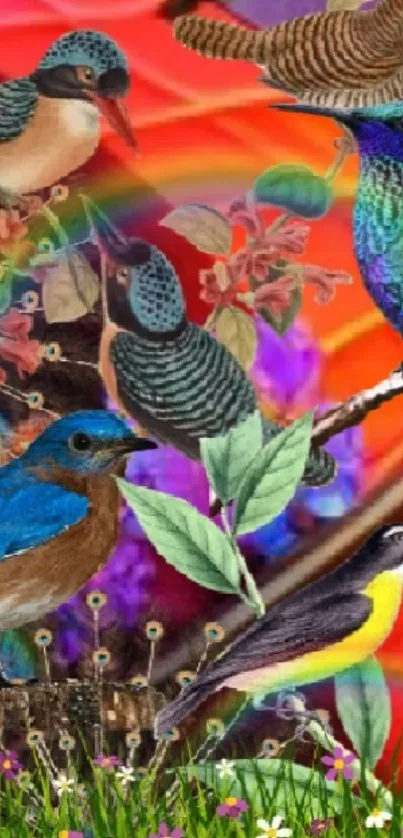 Colorful exotic bird collage on a vibrant background.