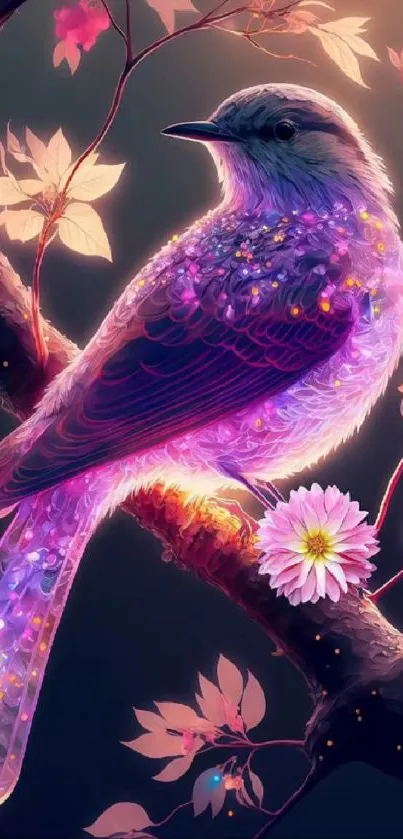 Fantasy bird perched on a branch with glowing flowers and leaves in vibrant colors.