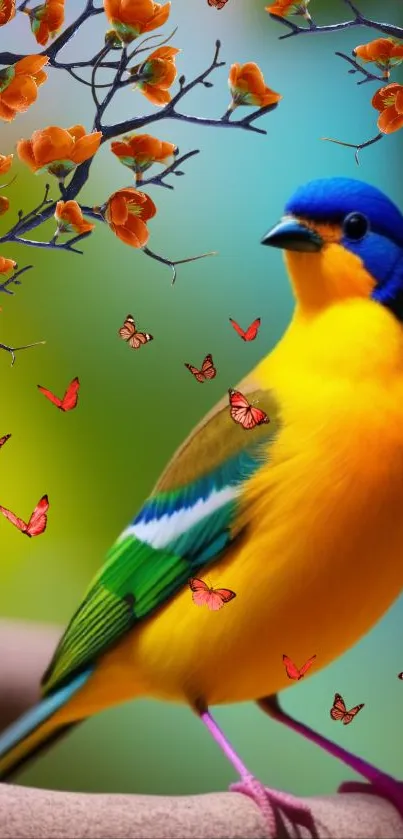 Colorful bird with butterflies on a branch.