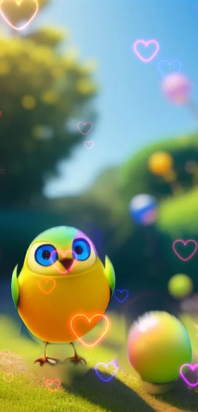 Vibrant fantasy bird with glowing hearts mobile wallpaper.