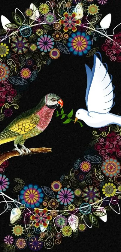 Vibrant birds and floral pattern on black background.