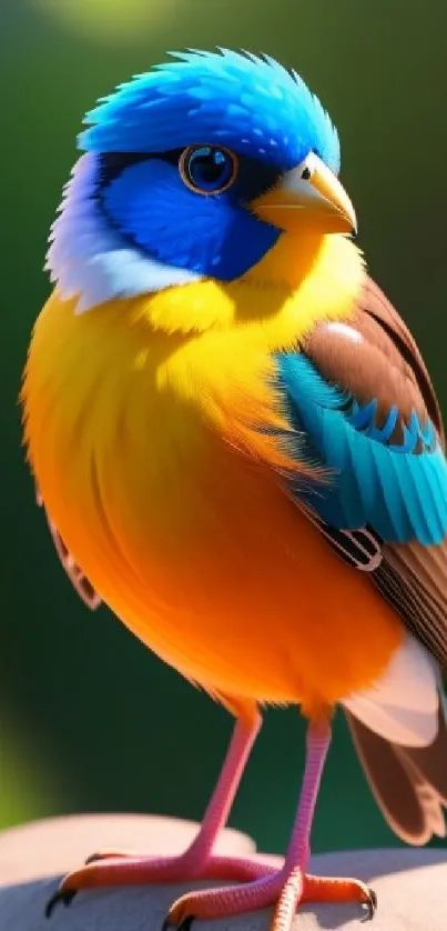 Colorful bird with blue head and orange body in vibrant nature design.