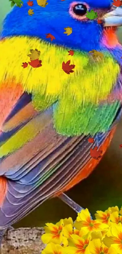 Vibrant feathered bird with autumn leaves background.