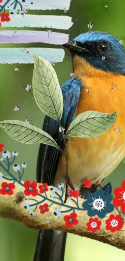 Vibrant bird among colorful flowers and leaves on a green background.