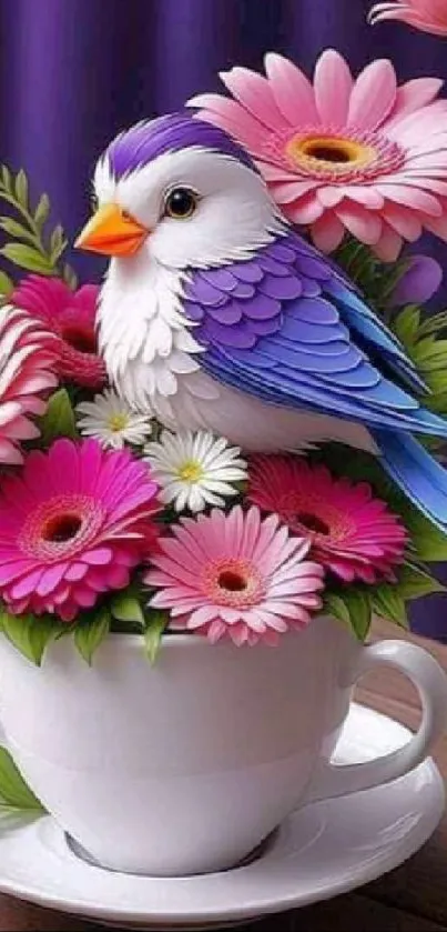 Colorful bird sitting in a floral teacup with pink and purple blossoms.