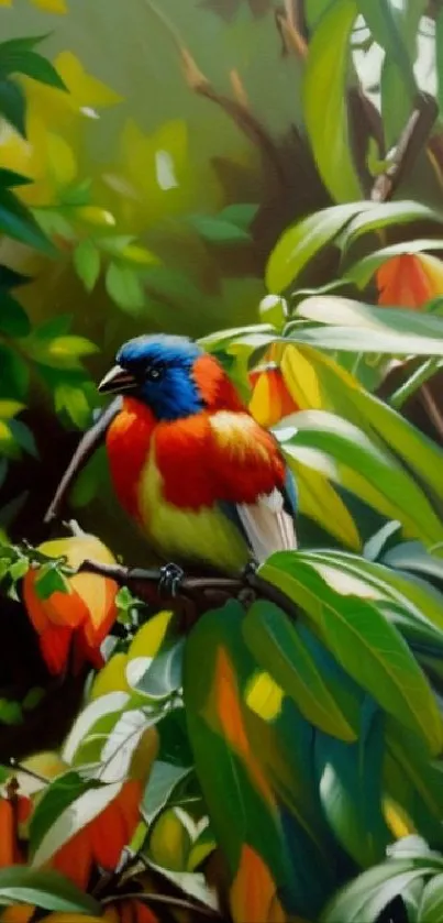 Colorful bird perched in lush green jungle foliage.