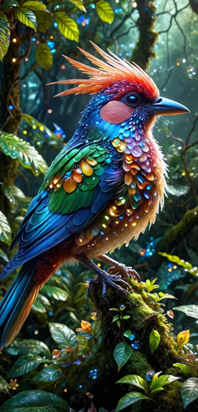 Vibrant bird perched in lush green jungle with colorful feathers.