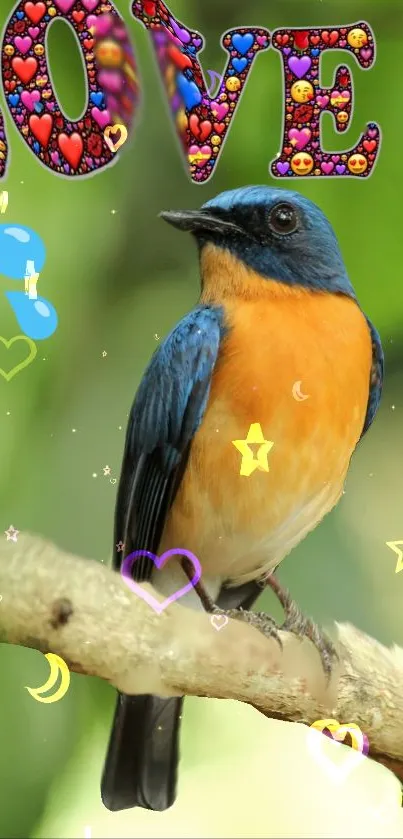 Colorful bird on branch with love icons.