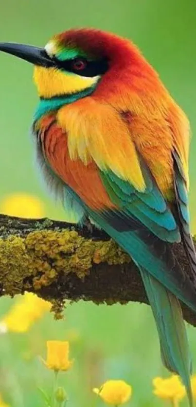 Colorful bird perched on a branch with a lush green background.