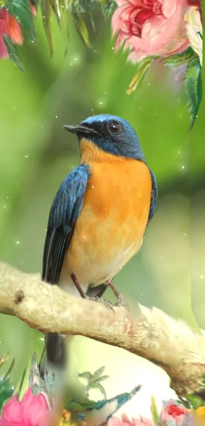 Colorful bird perched on branch with floral background.