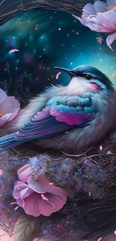 Colorful bird nestled in a floral nest with pastel tones.