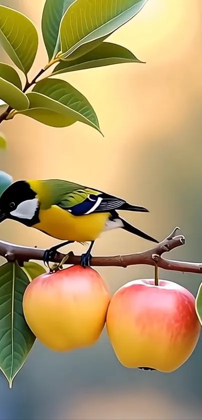 Colorful bird perched on a branch with apples and green leaves.