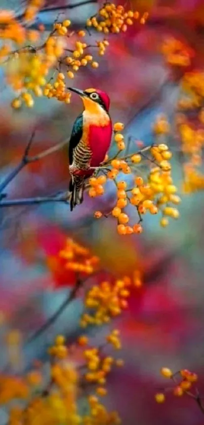 Vibrant red bird sitting among orange berry branches.