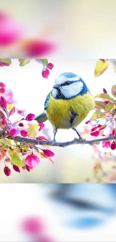 A colorful bird perched among vivid blooming flowers on a branch.