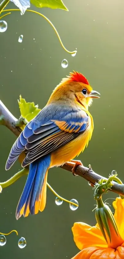 Colorful bird perched on leafy branch with dewdrops.