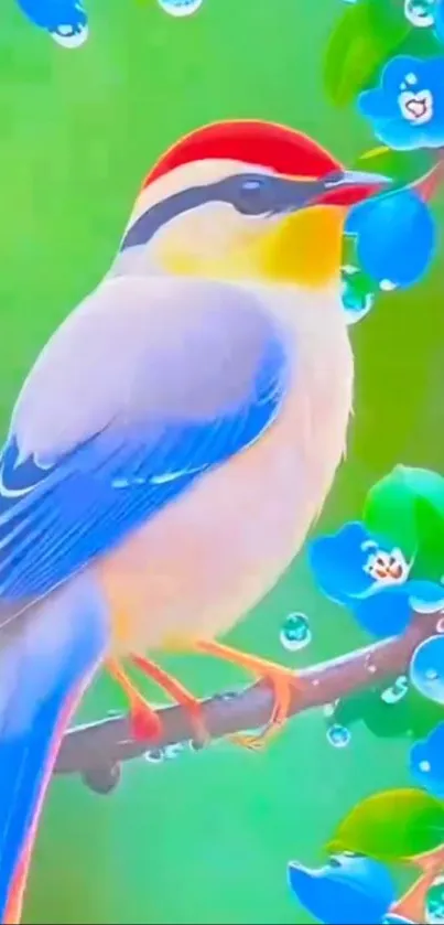 Colorful bird on a branch with vibrant flowers.