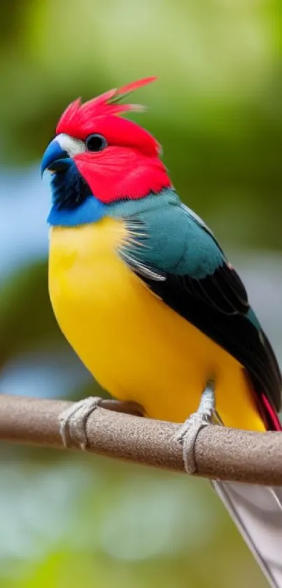 Colorful bird with red crest and yellow belly on a branch.