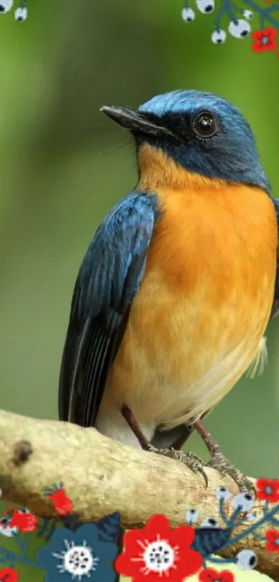 Colorful bird perched on a branch with floral design accents.