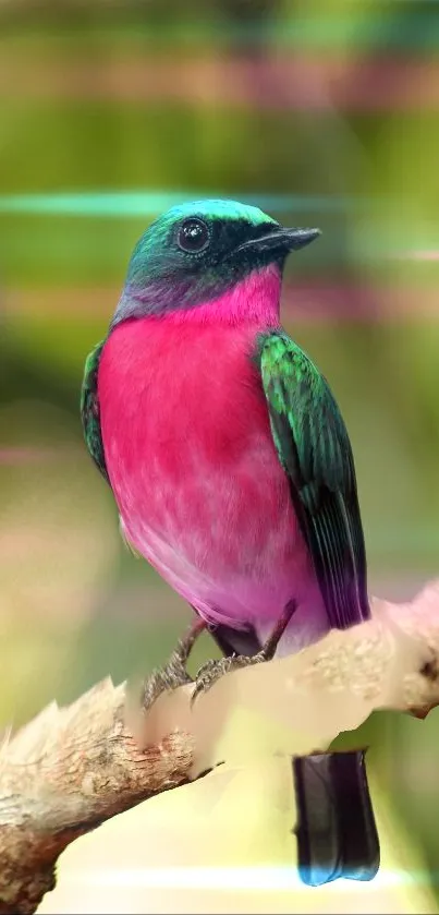 Vivid pink and green bird perched on a branch.