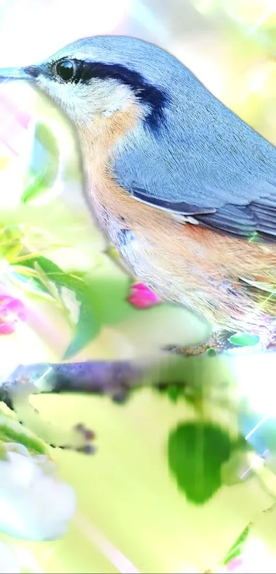 Vibrant bird perched on blooming branch, green and pink hues.