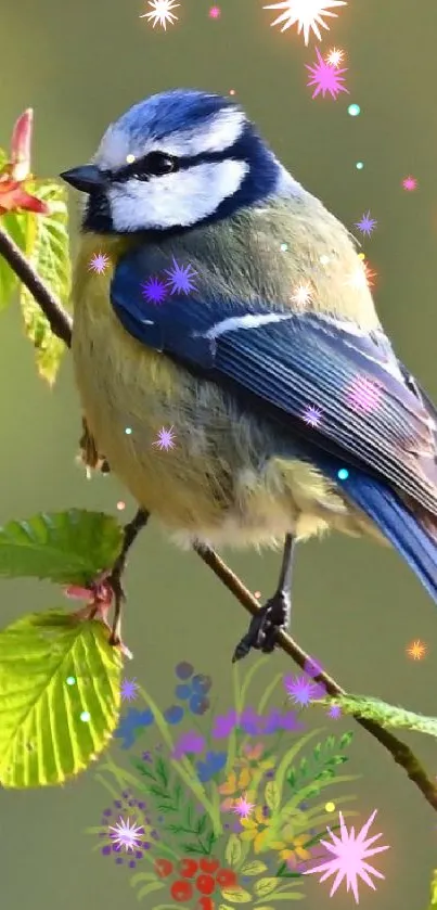 Colorful bird perched on a leafy branch against a green backdrop.