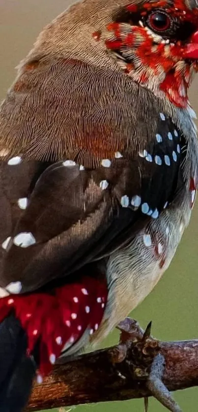 Vibrant bird on branch with red feathers and white spots.