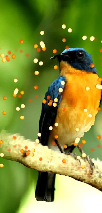 Vibrant bird perched on branch with colorful spots.