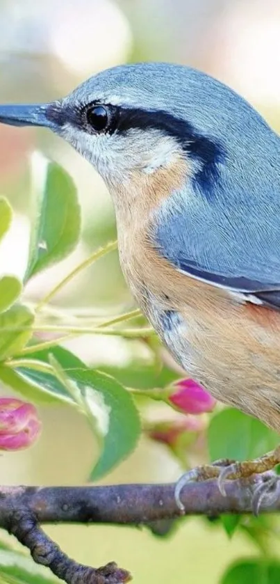 A colorful bird perches among blooming flowers on a branch in nature.