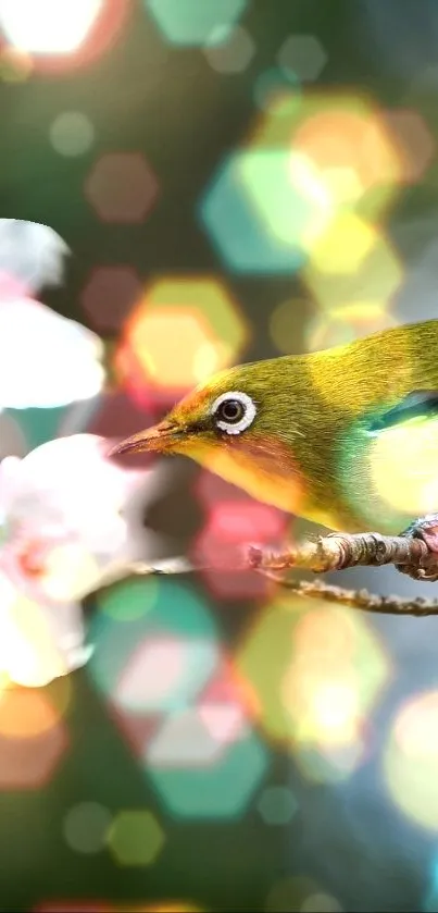 A vibrant green bird on a branch with colorful bokeh background.