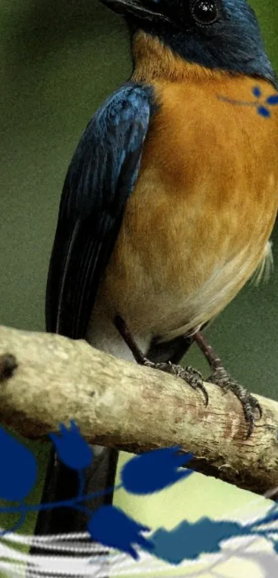 Colorful bird perched on a branch with a decorative design.