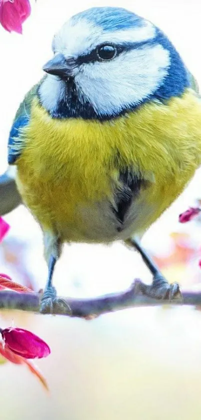 Colorful bird with yellow feathers on branch with pink blossoms.