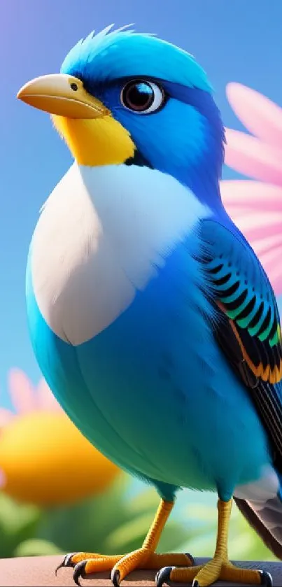 Blue bird with vibrant flowers on a sunny day.