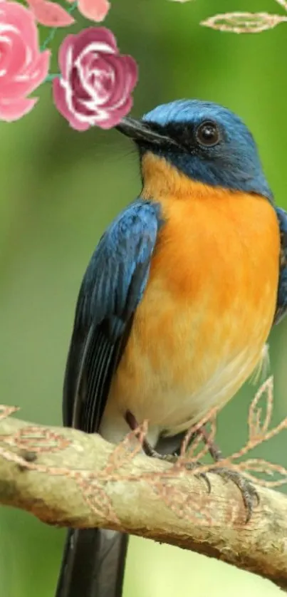 Colorful bird perched on a floral branch with green background.