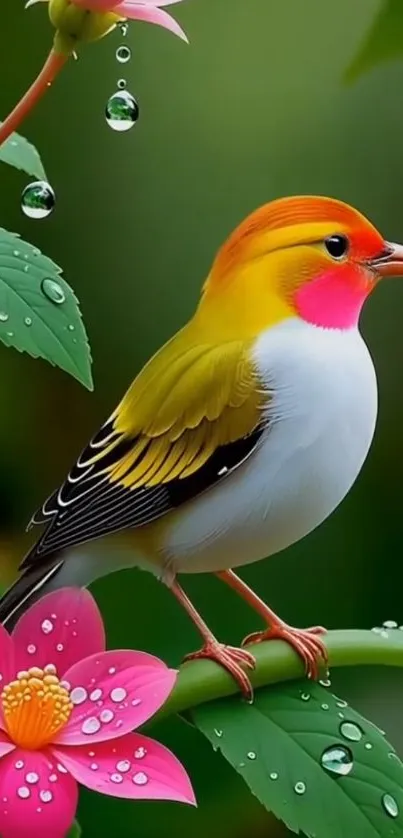 A colorful bird sitting on a flowering branch with dewdrops.