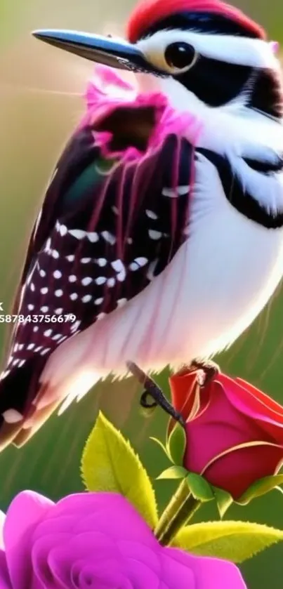 Colorful bird perched on a flower with a vibrant pink background.