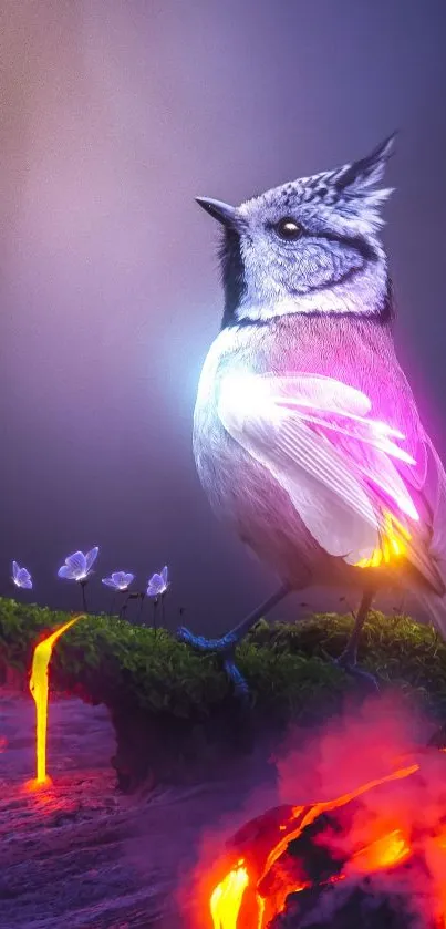 A vibrant bird glowing on a mystical branch with rich neon colors.