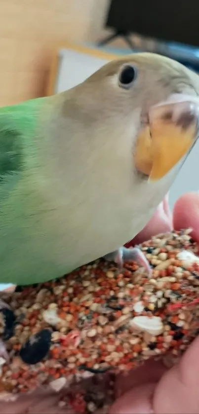 A colorful bird resting on a hand.