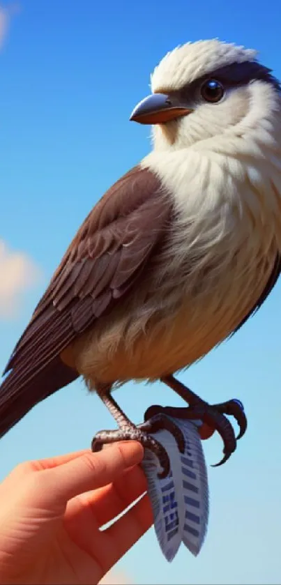 Vibrant bird perched on a hand against a bright sky, showcasing its colorful feathers.