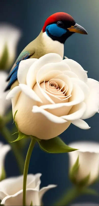 Colorful bird perched on white rose with blurred floral background.