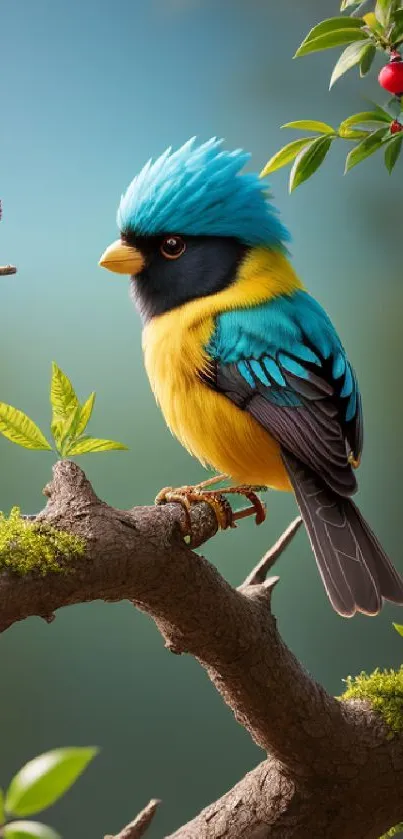 Colorful bird perched on a branch with foliage and red berries in nature scene.