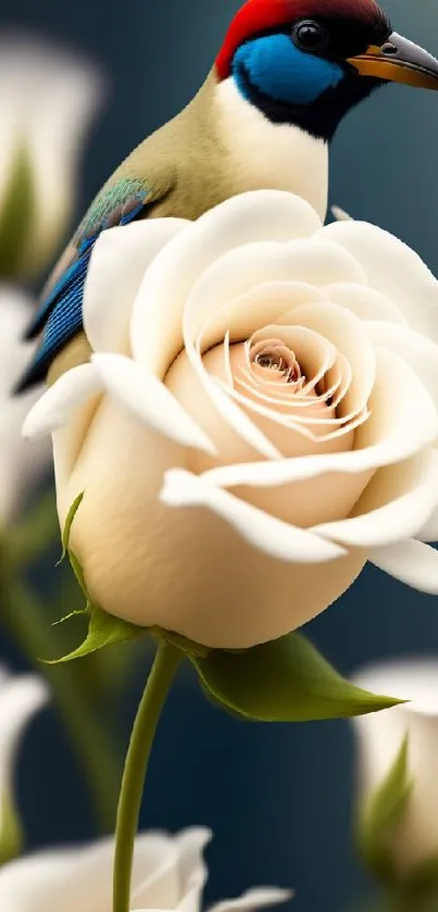 A colorful bird on a white rose, perfect for nature wallpaper.