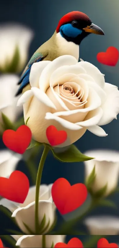 Vibrant bird on a white rose with red hearts in background.