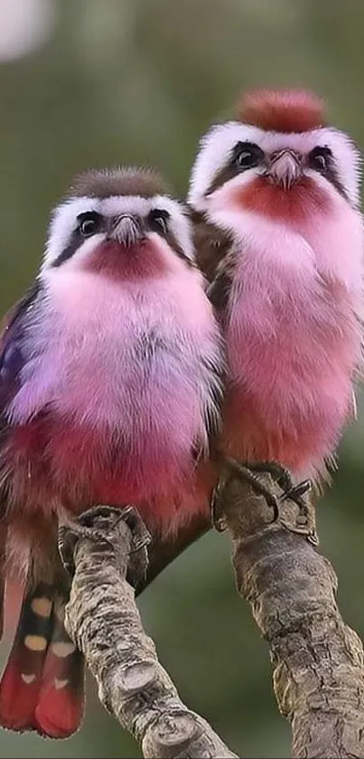 A pair of colorful birds with pink feathers sitting on a branch.