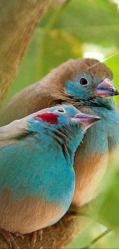 Two colorful birds sit amid lush green leaves.