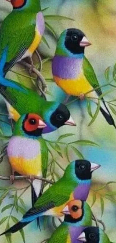 Colorful Gouldian finches perched on branches with a vibrant background.